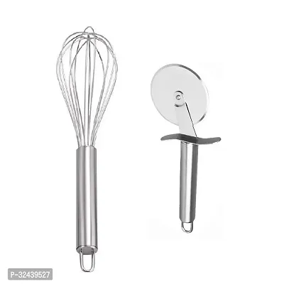 Classic Stainless Steel Egg Beater With Stainless Steel Pizza Cutter Pack Of 2-thumb2