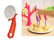 Useful Metal Pizza Cutter And 6 Pieces Plastic Bird Fruit Fork Set With Stand - Pack Of 2-thumb1