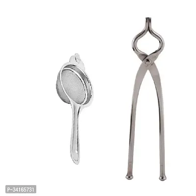 Stainless Steel Tea Strainer With Stainless Steel Sansi Pakkad Pinser Pack Of 2-thumb2