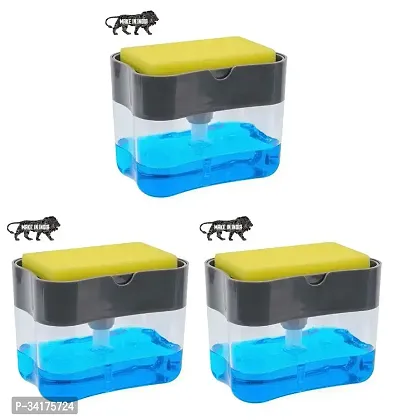 Useful 2 In 1 Soap Pump Plastic Dispenser For Dishwasher Liquid, Holder With Free Sponge -400 Ml Each, Pack Of 3-thumb0