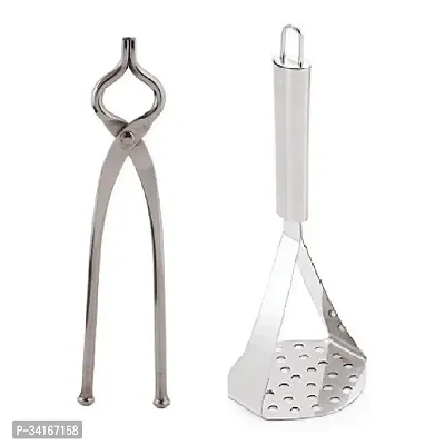 Stainless Steel Sansi Pakkad Pinser And Stainless Steel Potato Pav Bhaji Big Masher 2 Pcs-thumb0