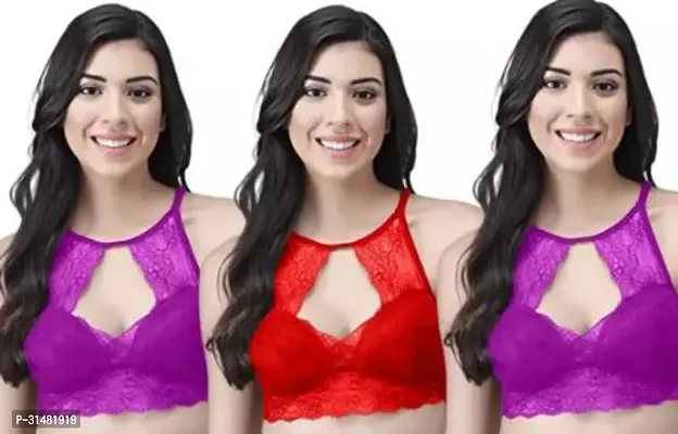 Stylish Multicoloured Net Solid Bras For Women Pack Of 3-thumb0