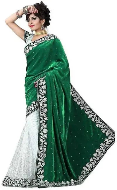 Womens Half Half Velvet Net Saree With Blouse