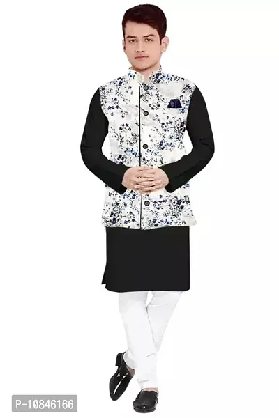 Trendy Cotton Black Long Sleeves Kurta With Pajama And Ethnic Printed Nehru Jacket For Men-thumb0