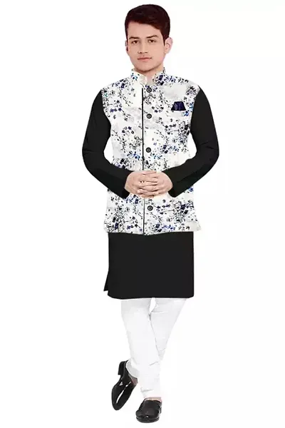 Trendy Cotton Black Long Sleeves Kurta With Pajama And Ethnic Printed Nehru Jacket For Men