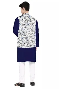 Trendy Cotton Navy Blue Long Sleeves Kurta With Pajama And Ethnic Printed Nehru Jacket For Men-thumb1