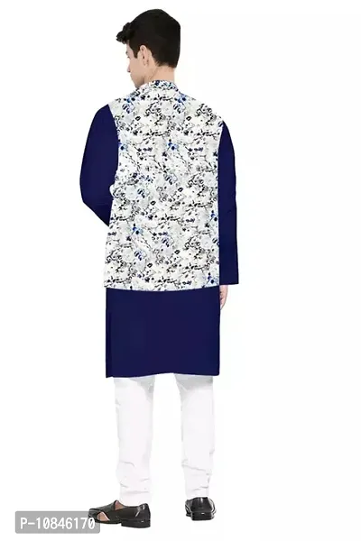 Trendy Cotton Navy Blue Long Sleeves Kurta With Pajama And Ethnic Printed Nehru Jacket For Men-thumb2