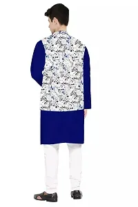 Trendy Cotton Royal Blue Long Sleeves Kurta With Pajama And Ethnic Printed Nehru Jacket For Men-thumb1