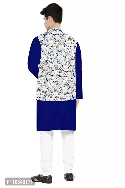 Trendy Cotton Royal Blue Long Sleeves Kurta With Pajama And Ethnic Printed Nehru Jacket For Men-thumb2