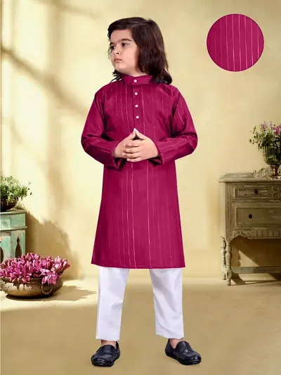 Stylish Cotton Maroon Lining Kurta Full Sleeves With Pajama Set For Boys