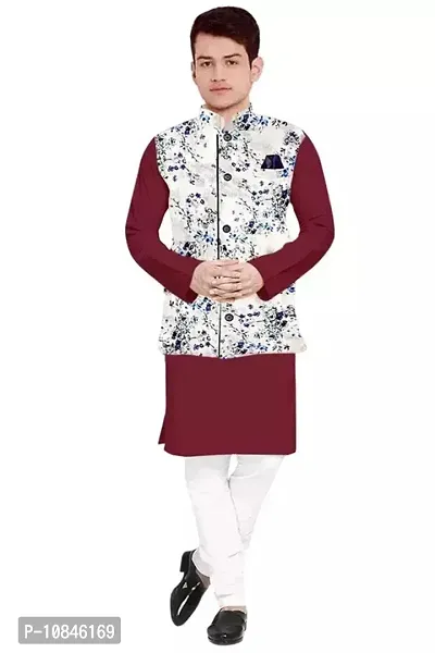 Trendy Cotton Maroon Long Sleeves Kurta With Pajama And Ethnic Printed Nehru Jacket For Men-thumb0