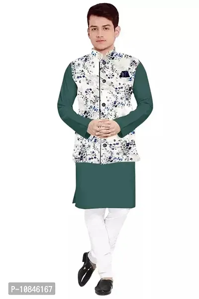 Trendy Cotton Green Long Sleeves Kurta With Pajama And Ethnic Printed Nehru Jacket For Men-thumb0
