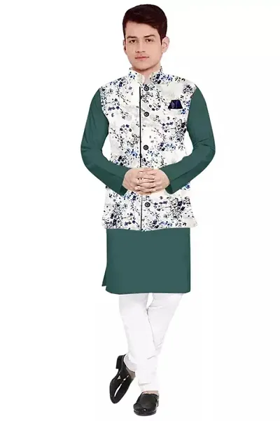 Trendy Cotton Green Long Sleeves Kurta With Pajama And Ethnic Printed Nehru Jacket For Men