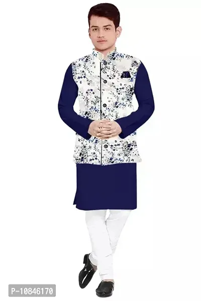 Trendy Cotton Navy Blue Long Sleeves Kurta With Pajama And Ethnic Printed Nehru Jacket For Men-thumb0