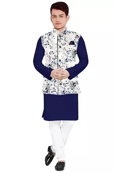 Trendy Cotton Navy Blue Long Sleeves Kurta With Pajama And Ethnic Printed Nehru Jacket For Men