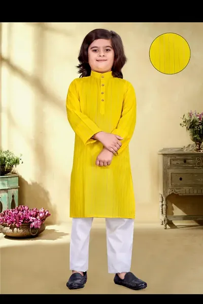 Stylish Cotton Yellow Lining Kurta Full Sleeves With Pajama Set For Boys