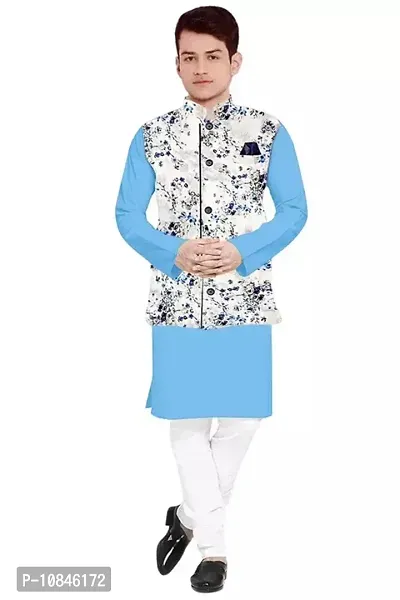 Trendy Cotton Sky Blue Long Sleeves Kurta With Pajama And Ethnic Printed Nehru Jacket For Men-thumb0