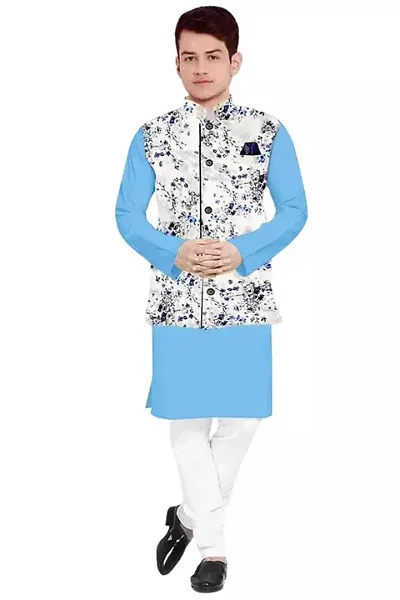 Trendy Cotton Sky Blue Long Sleeves Kurta With Pajama And Ethnic Printed Nehru Jacket For Men
