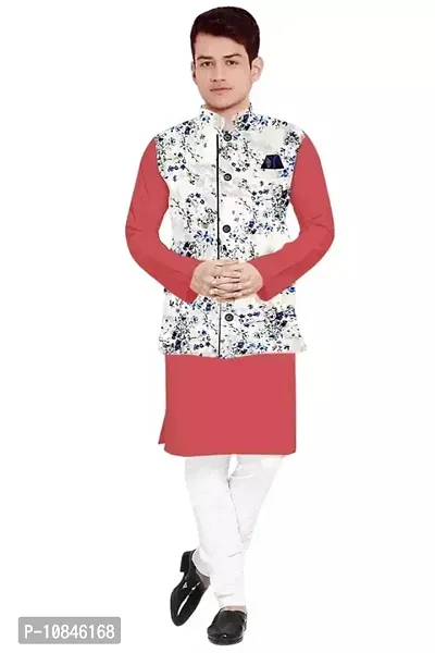Trendy Cotton Peach Long Sleeves Kurta With Pajama And Ethnic Printed Nehru Jacket For Men-thumb0