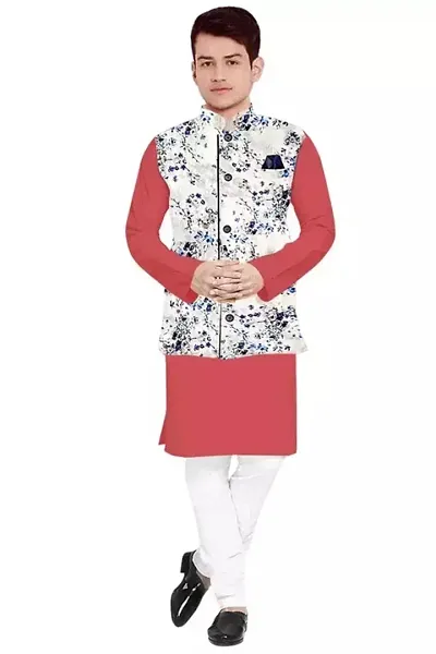 Trendy Cotton Peach Long Sleeves Kurta With Pajama And Ethnic Printed Nehru Jacket For Men