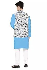 Trendy Cotton Sky Blue Long Sleeves Kurta With Pajama And Ethnic Printed Nehru Jacket For Men-thumb1
