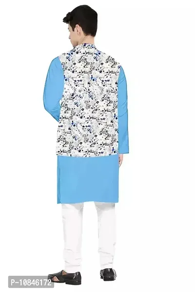 Trendy Cotton Sky Blue Long Sleeves Kurta With Pajama And Ethnic Printed Nehru Jacket For Men-thumb2