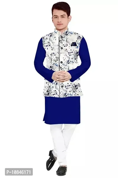 Trendy Cotton Royal Blue Long Sleeves Kurta With Pajama And Ethnic Printed Nehru Jacket For Men-thumb0