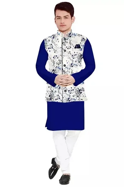 Trendy Cotton Royal Blue Long Sleeves Kurta With Pajama And Ethnic Printed Nehru Jacket For Men