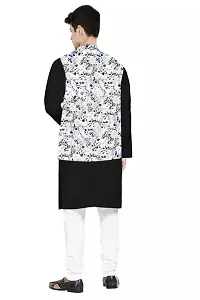 Trendy Cotton Black Long Sleeves Kurta With Pajama And Ethnic Printed Nehru Jacket For Men-thumb1