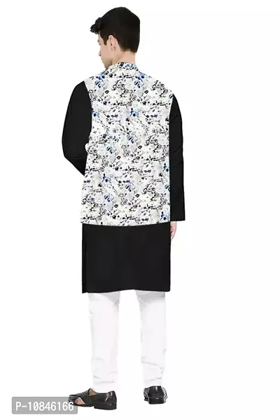 Trendy Cotton Black Long Sleeves Kurta With Pajama And Ethnic Printed Nehru Jacket For Men-thumb2
