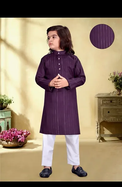 Stylish Cotton Purple Lining Kurta Full Sleeves With Pajama Set For Boys