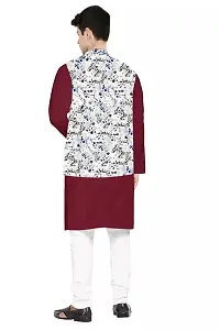 Trendy Cotton Maroon Long Sleeves Kurta With Pajama And Ethnic Printed Nehru Jacket For Men-thumb1