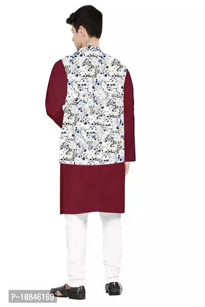 Trendy Cotton Maroon Long Sleeves Kurta With Pajama And Ethnic Printed Nehru Jacket For Men-thumb2
