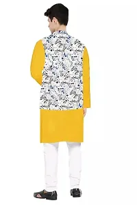 Trendy Cotton Yellow Long Sleeves Kurta With Pajama And Ethnic Printed Nehru Jacket For Men-thumb1