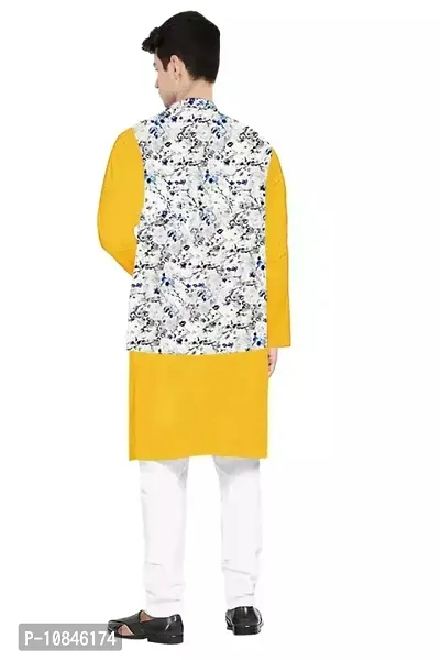 Trendy Cotton Yellow Long Sleeves Kurta With Pajama And Ethnic Printed Nehru Jacket For Men-thumb2