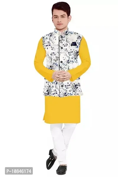 Trendy Cotton Yellow Long Sleeves Kurta With Pajama And Ethnic Printed Nehru Jacket For Men-thumb0