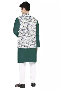 Trendy Cotton Green Long Sleeves Kurta With Pajama And Ethnic Printed Nehru Jacket For Men-thumb1