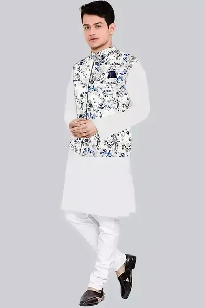Trendy Cotton White Long Sleeves Kurta With Pajama And Ethnic Printed Nehru Jacket For Men