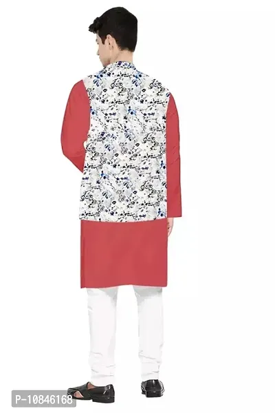 Trendy Cotton Peach Long Sleeves Kurta With Pajama And Ethnic Printed Nehru Jacket For Men-thumb2