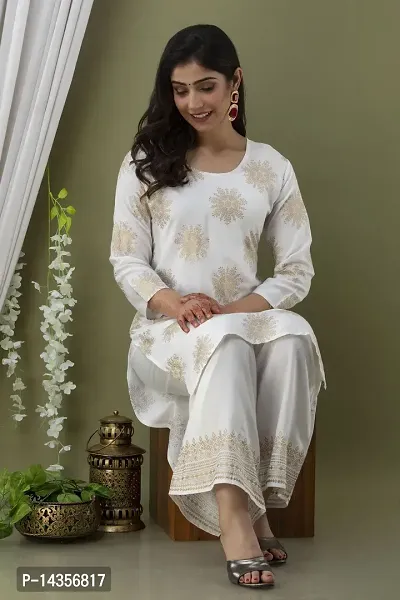 Trendy Viscose Rayon White Printed Straight Knee Length 3/4 Sleeve Round Neck Kurta With Palazzo Set For Women-thumb0