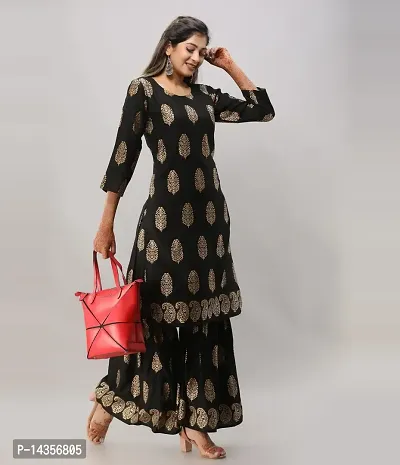 Trendy Viscose Rayon Black Printed Straight Knee Length 3/4 Sleeve Round Neck Kurta With Sharara Set For Women