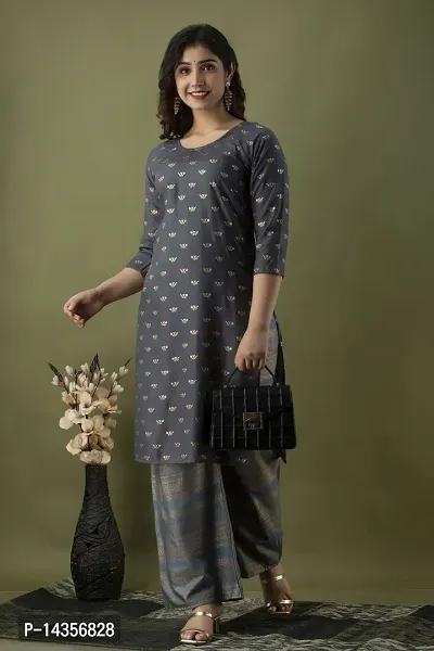 Trendy Viscose Rayon Dark Grey Printed Straight Knee Length 3/4 Sleeve Round Neck Kurta With Palazzo Set For Women