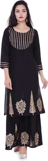 Trendy Cotton Rayon Black Gota Work Straight Knee Length 3/4 Sleeve Round Neck Kurta With Sharara Set For Women-thumb0