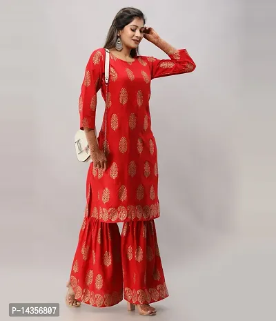 Trendy Viscose Rayon Red Printed Straight Knee Length 3/4 Sleeve Round Neck Kurta With Sharara Set For Women