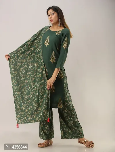 Trendy Viscose Rayon Green Printed Straight Knee Length 3/4 Sleeve Round Neck Kurta With Palazzo And Dupatta Set