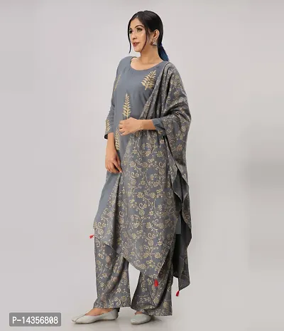 Trendy Viscose Rayon Grey Printed Straight Knee Length 3/4 Sleeve Round Neck Kurta With Palazzo And Dupatta Set For Women