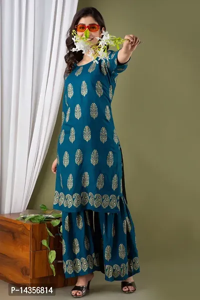 Trendy Viscose Rayon Teal Blue Printed Straight Knee Length 3/4 Sleeve Round Neck Kurta With Sharara Set For Women