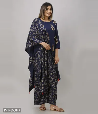 Trendy Viscose Rayon Blue Printed Straight Knee Length 3/4 Sleeve Round Neck Kurta With Palazzo And Dupatta Set