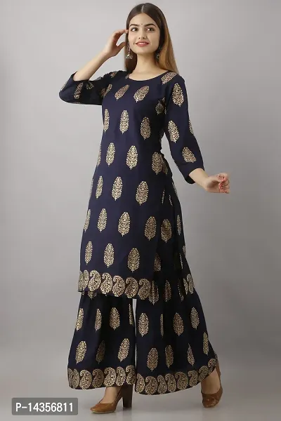 Trendy Viscose Rayon Navy Blue Printed Straight Knee Length 3/4 Sleeve Round Neck Kurta With Sharara Set For Women-thumb0