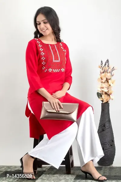 Trendy Viscose Rayon Red Embroidered Straight Knee Length 3/4 Sleeve Round Neck Kurta With Palazzo Set For Women-thumb0
